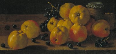 Naturaleza muerta con manzanas, uvas y una olla de mermelada de Luis Egidio Melendez